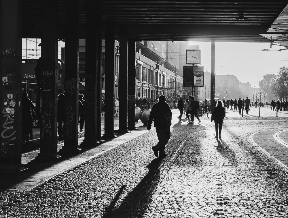 Long human shadows stretching across a sunlit street. Photograph by Adelina Persa.